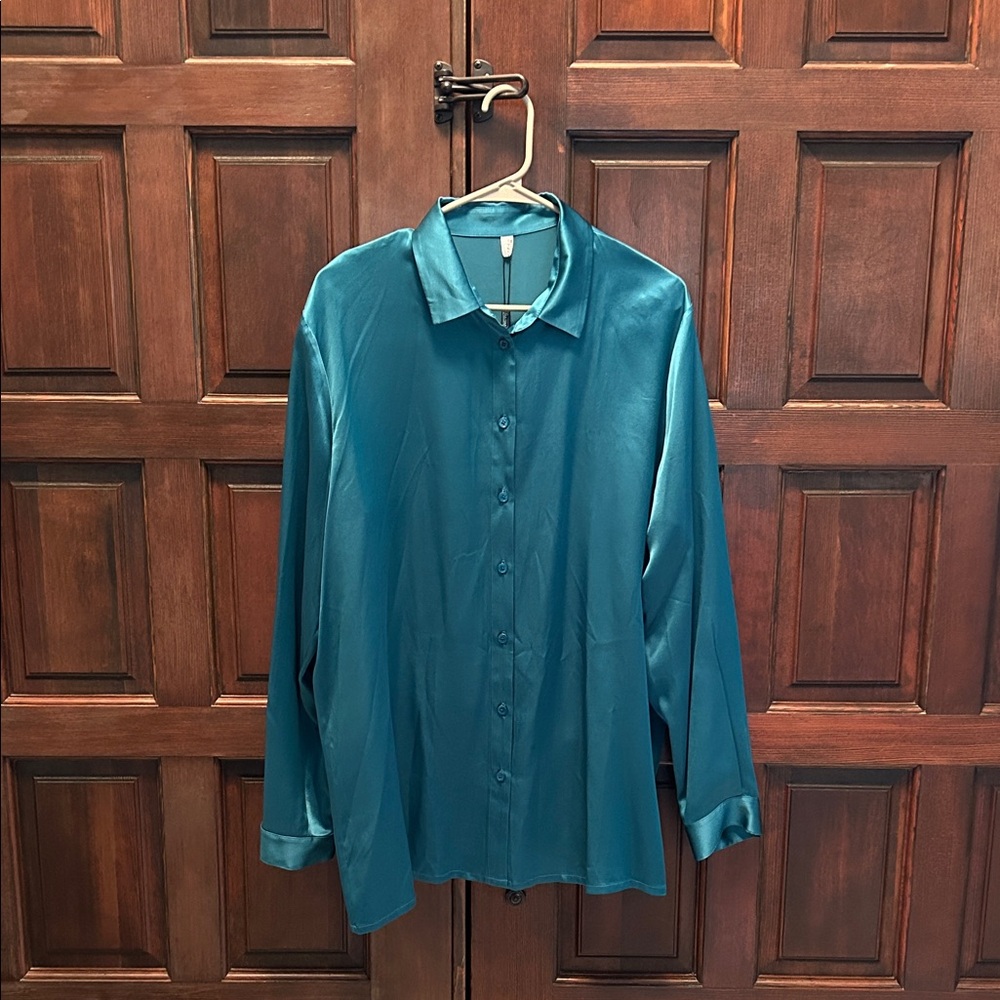 Teal Button-Up Silk Blouse